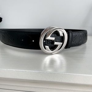 GUCCI Mens Belt Size 44 Black/Silver